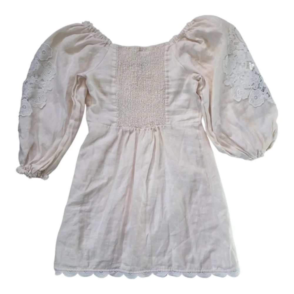 FARM RIO Scalloped Broderie Mini Dress sz Large L‎ Anglaise-trimmed Linen Cream - Picture 4 of 9